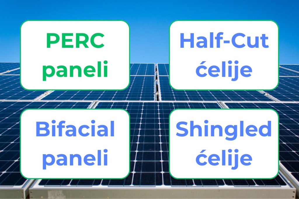 Tipovi monokristalnih solarnih panela: PERC, Half-Cut, Bifacial i Shingled ćelije prikazani na solarnom polju