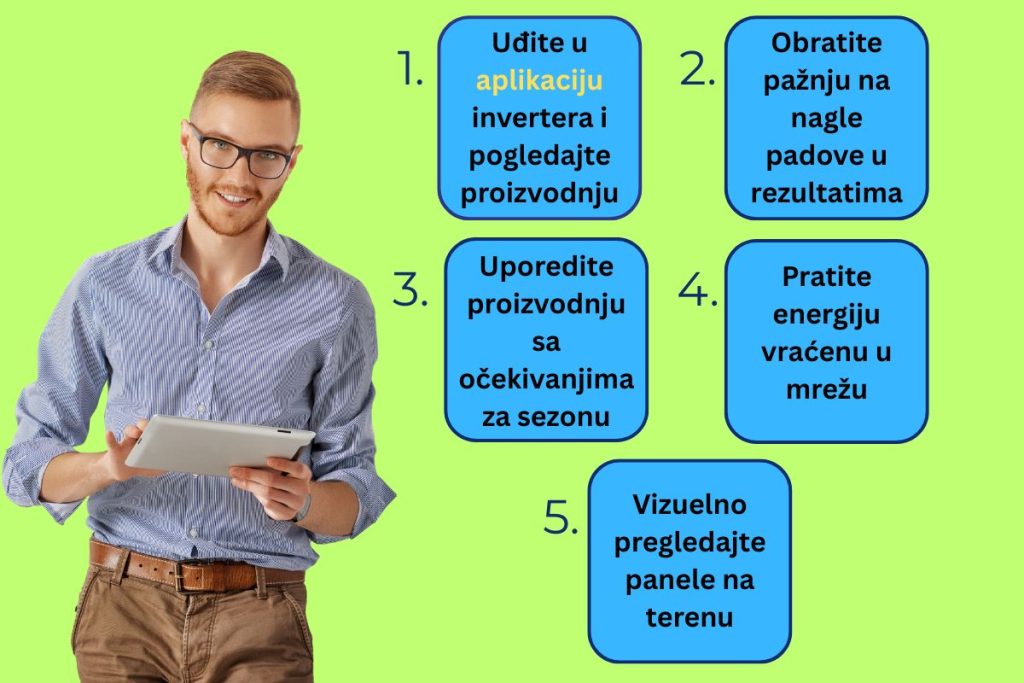 Čovek koji drži tablet i objasnjava kako se prate performanse solarnih sistema po koracima