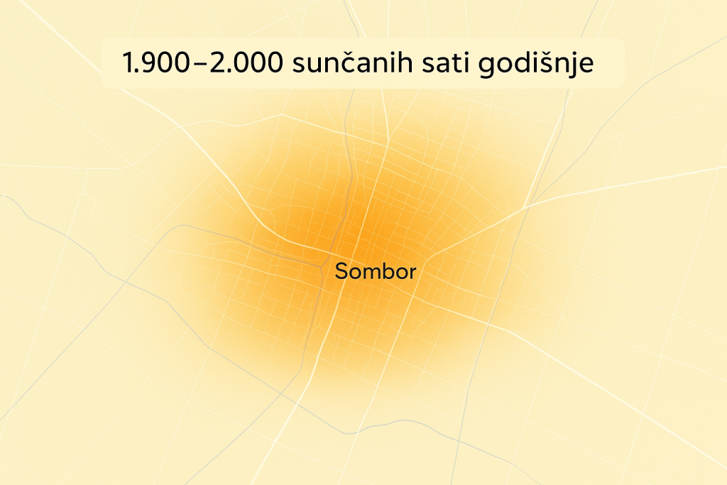 Lokacijski prikaz Sombora sa istaknutim sunčanim satima na godišnjem nivou