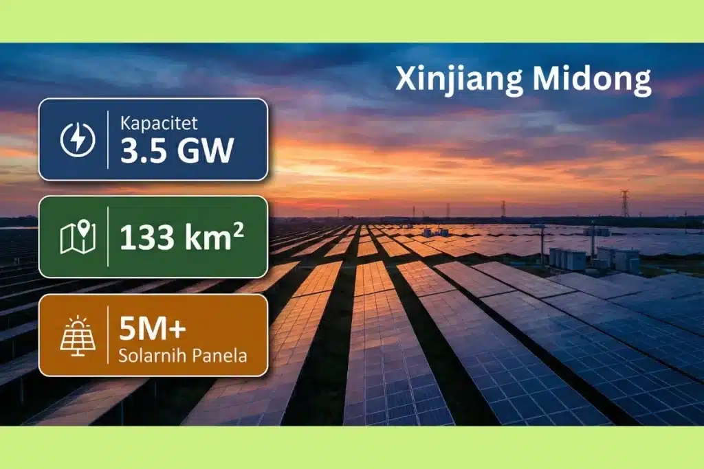 Vizuelni prikaz ključnih karakteristika solarne elektrane Xinjiang Midong. 