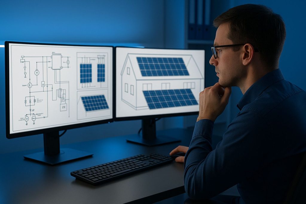 Slika inženjera na kompjuteru koji pravi plan instalacije solarnih panela