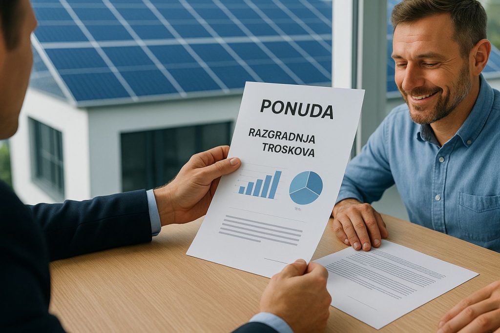 Slika prodavca i klijenta za stolom koji razmatraju ponudu za instalaciju solarnih panela
