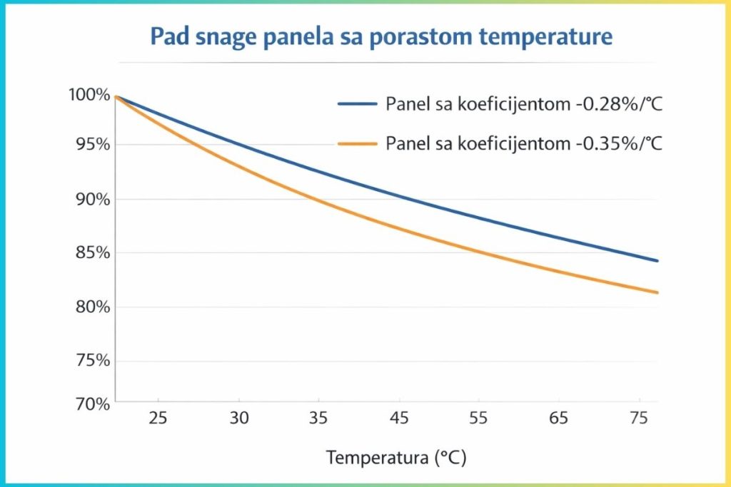 pad snage najefikasnijih solarnih panela sa porastom temperature i poređenje koeficijenata -0.28%/°C i -0.35%/°C