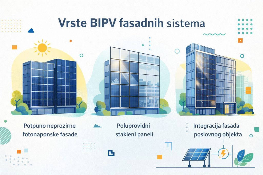 Slika razlicitih tipova BIPV fasada na modernim zgradama