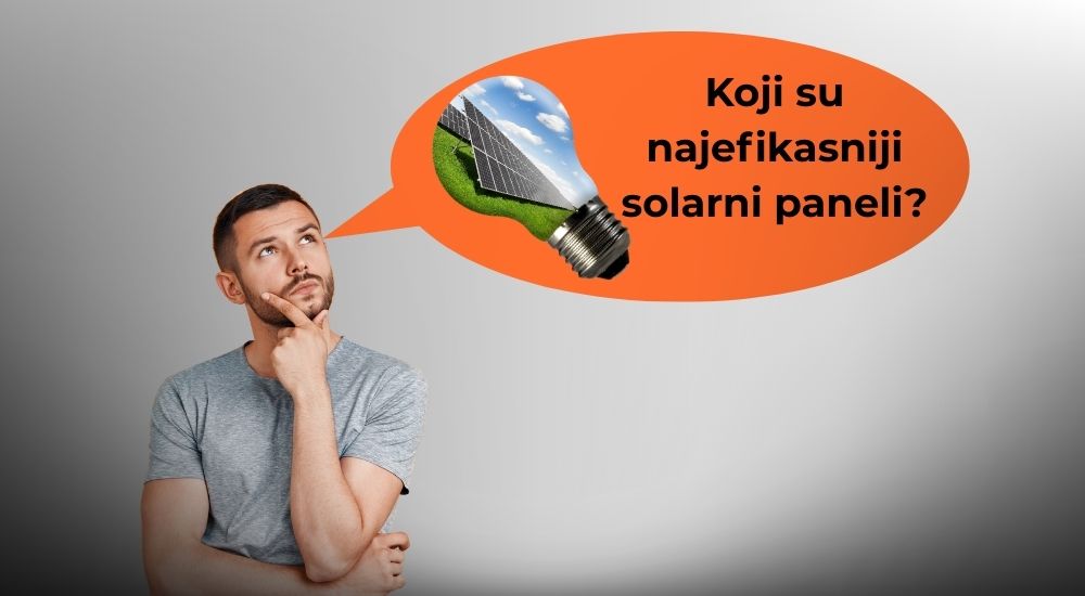 Ilustracija muškarca koji razmišlja o izboru najefikasnijih solarnih panela sa simbolom sijalice i solarnog sistema