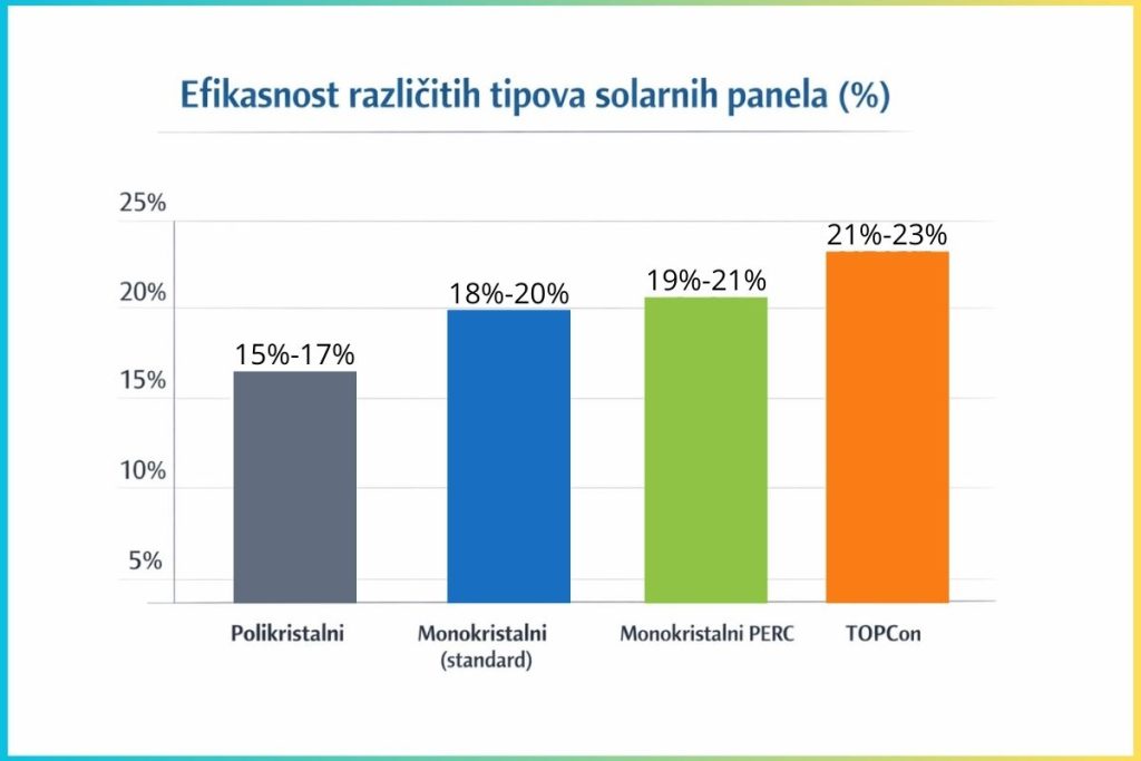 Uporedni grafikon efikasnosti različitih tipova solarnih panela – polikristalni, monokristalni, PERC i TOPCon (15–23%)