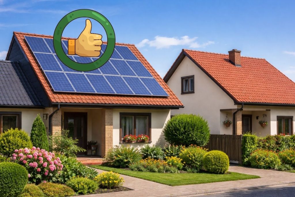 Dve porodične kuće jedna pored druge, leva sa solarnim panelima na krovu, desna bez panela, pod vedrim nebom.