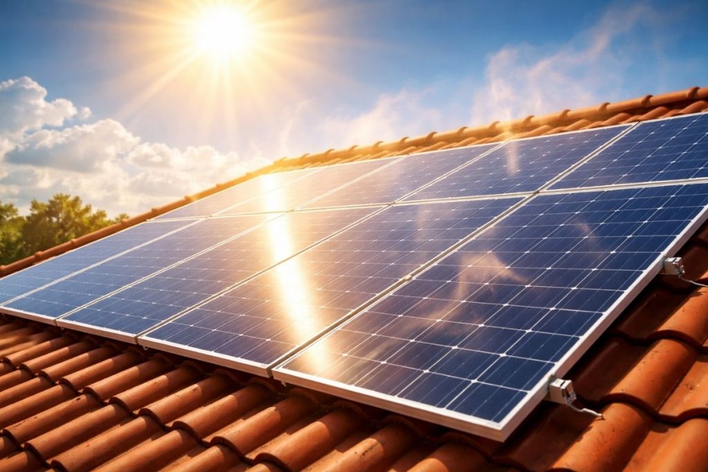 Najefikasniji solarni paneli na krovu kuće pod jakim sunčevim zračenjem tokom letnjeg dana