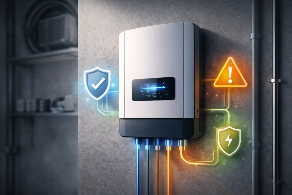 Solarni invertor sa prikazom sigurnosnih funkcija i zaštite u modernom tehničkom prostoru