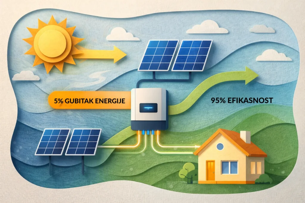 Vizuelni prikaz toka energije kroz solarni sistem od panela do invertera i kuće sa naglaskom na efikasnost