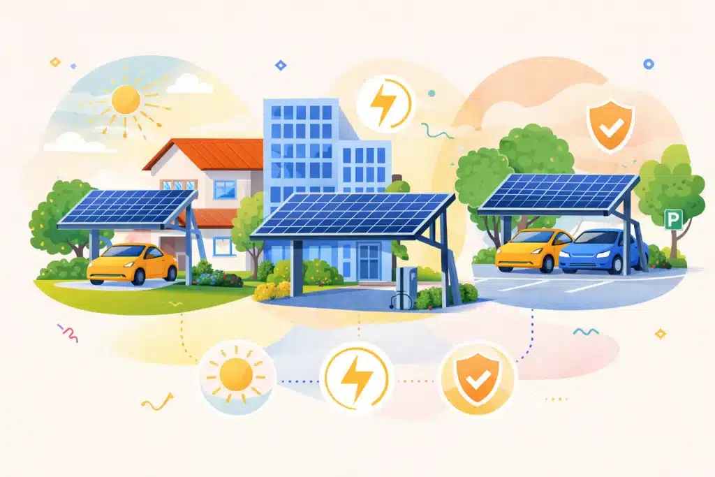 Prikaz šta je solarna nadstrešnica kroz različite primene na kući, poslovnom objektu i parking prostoru