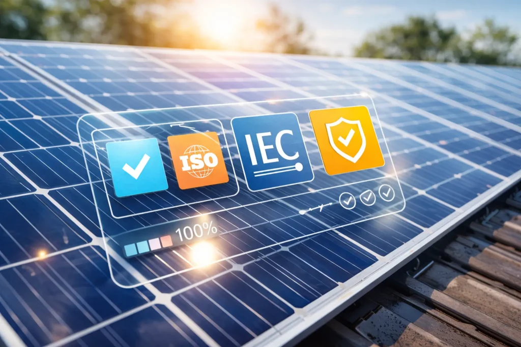 Solarni panel sa prikazom sertifikata kvaliteta i standardi za testiranje solarnih panela poput ISO i IEC