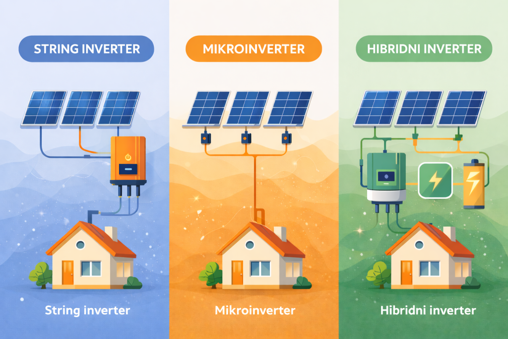 različiti tipovi solarnih invertora uključujući string, mikro, i hibridni sistem kroz jednostavnu ilustraciju