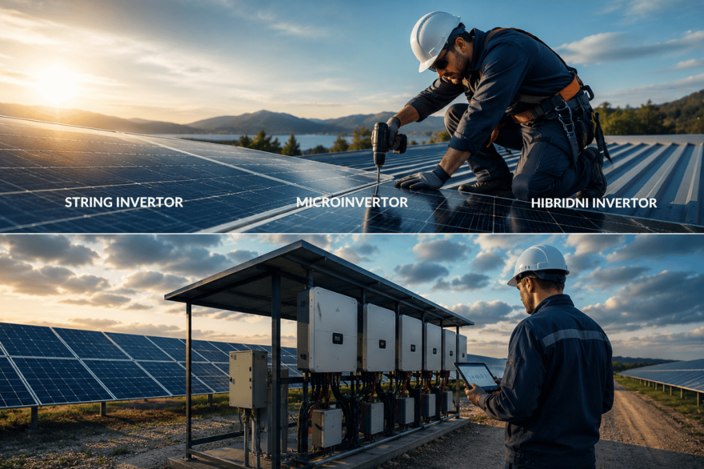 Tehničar vrši inspekciju solarnih panela i invertorske opreme u okviru bezbednosne provere solarnog sistema