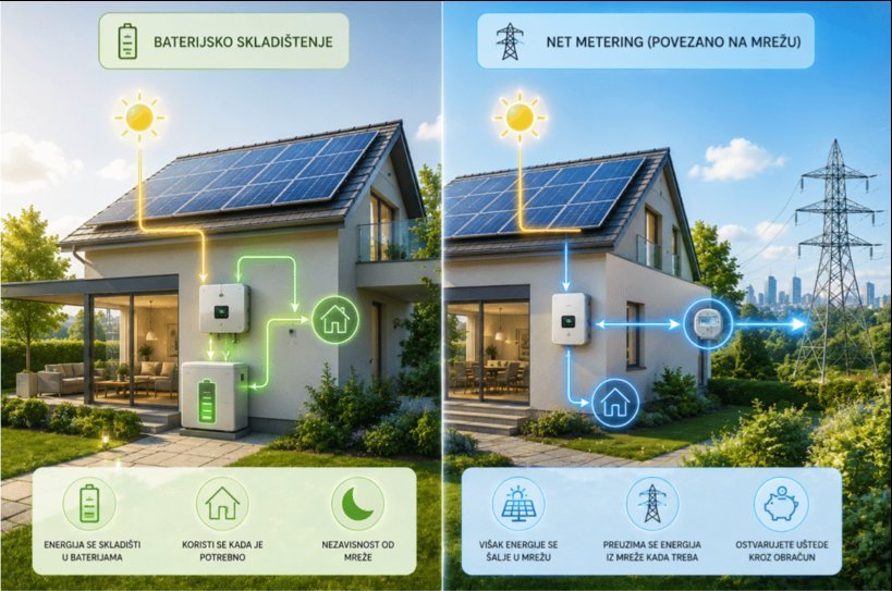Poređenje baterijskog skladištenja solarne energije i net metering sistema povezanog sa elektroenergetskom mrežom