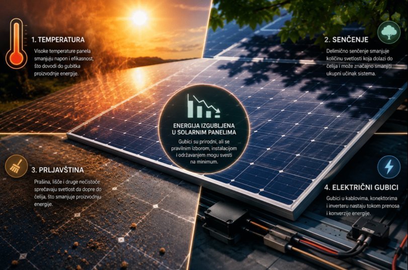 Infografik prikaz glavnih uzroka gubitka energije u solarnim panelima uključujući temperaturu, senčenje, prljavštinu i električne gubitke