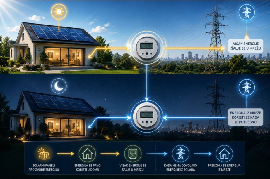 Infografik prikaz net metering sistema sa razmenom solarne energije između domaćinstva i elektroenergetske mreže tokom dana i noći