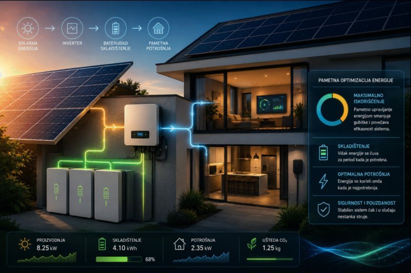 Pametni kućni solarni sistem sa baterijskim skladištenjem energije i digitalnim prikazom optimizacije potrošnje
