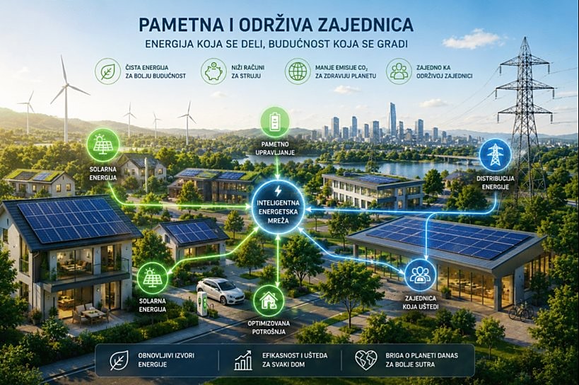 Pametna održiva zajednica sa solarnim panelima i inteligentnom energetskom mrežom za distribuciju obnovljive energije