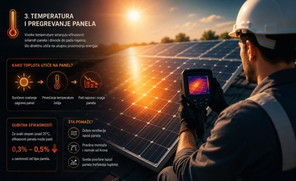 Tehničar koristi termalnu kameru za proveru pregrevanja solarnih panela tokom jakog sunčevog zračenja