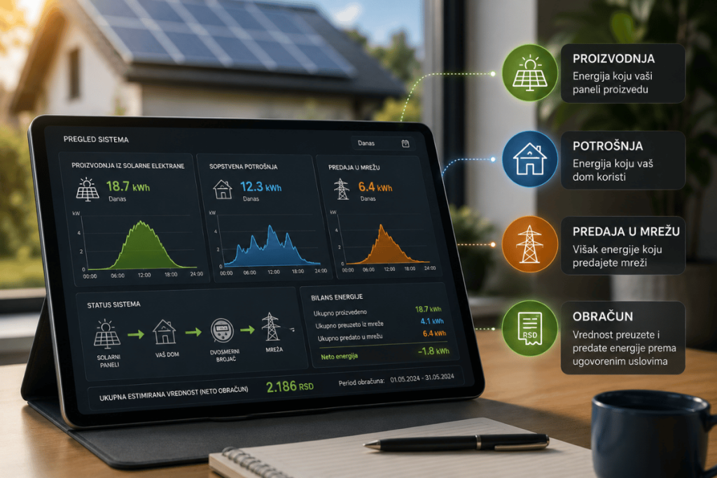 Digitalni prikaz proizvodnje, potrošnje i predaje solarne energije u mrežu
