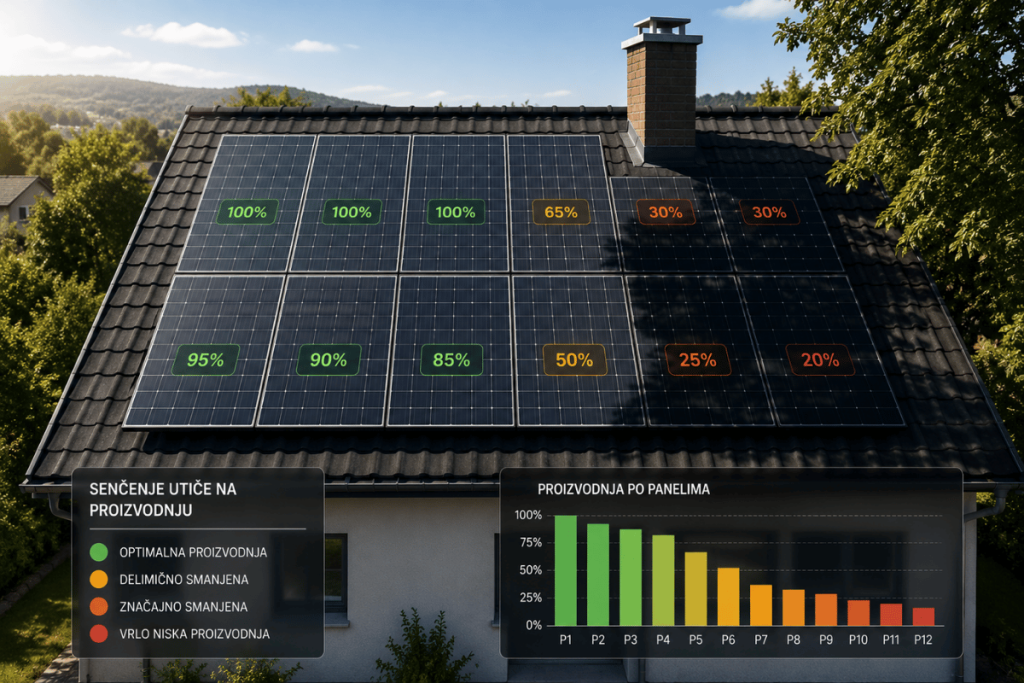 Solarni paneli sa mikroinverterima na krovu sa različitim nivoima senčenja