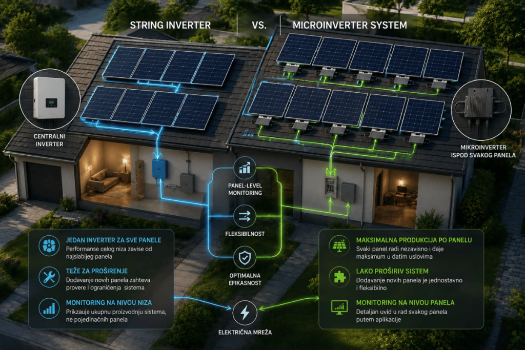 Poređenje string invertera i mikroinvertera u solarnom sistemu
